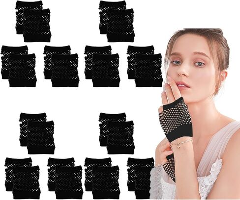 12 Pairs Fishnet Gloves Fingerless for Women - Stretchy Mesh Glove 80s Party Accessories, Breathable Black Fish Net Gloves for Cosplay, Halloween, Concerts in Saudi Arabia