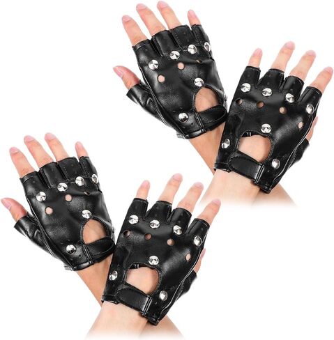 2 Pairs Steampunk Gloves, Biker Glove Biker Gloves for Women Black Leather Gothic Fingerless Rivet Motorcycle Accessories Rocker Costume for Men Guitar Retro Punk Style Fashion Women in Kuwait