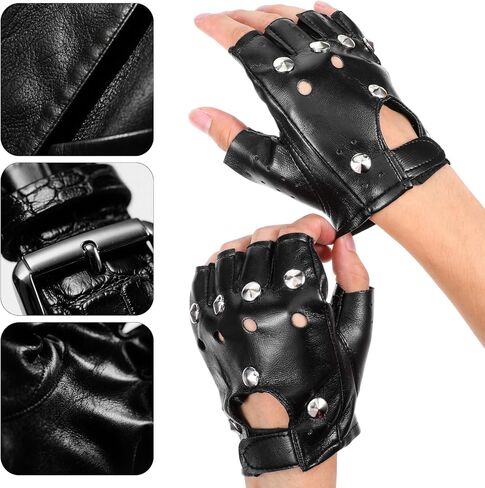 2 Pairs Steampunk Gloves, Biker Glove Biker Gloves for Women Black Leather Gothic Fingerless Rivet Motorcycle Accessories Rocker Costume for Men Guitar Retro Punk Style Fashion Women in Kuwait