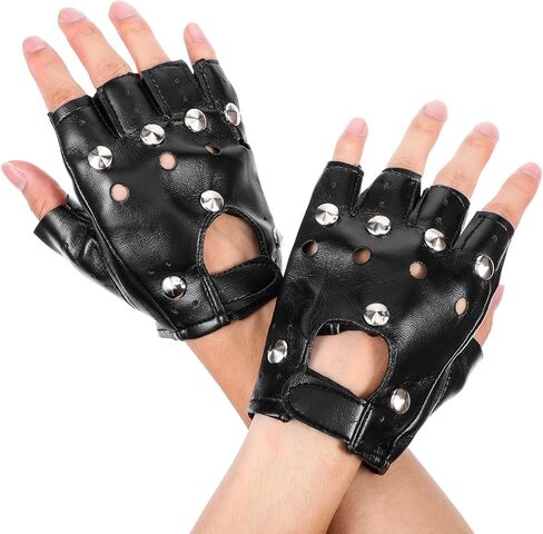 2 Pairs Steampunk Gloves, Biker Glove Biker Gloves for Women Black Leather Gothic Fingerless Rivet Motorcycle Accessories Rocker Costume for Men Guitar Retro Punk Style Fashion Women in Kuwait