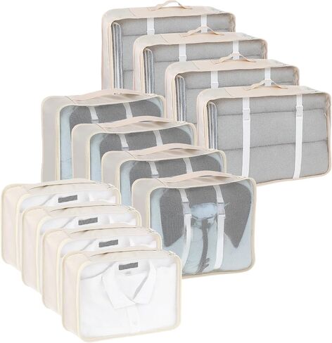 12 Pcs Packing Cubes for Suitcase Travel Luggage Bags Bulk Mesh Organizer Set for Hiking Camping Backpacking Clothes Accessories(Light Khaki, S, M, L Size) in Saudi Arabia
