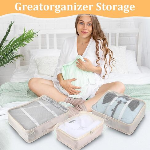 12 Pcs Packing Cubes for Suitcase Travel Luggage Bags Bulk Mesh Organizer Set for Hiking Camping Backpacking Clothes Accessories(Light Khaki, S, M, L Size) in Saudi Arabia