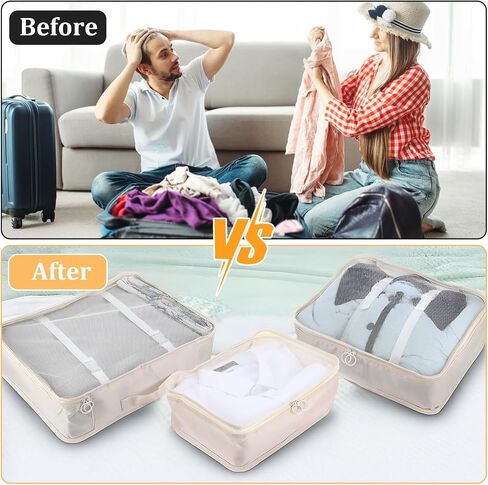 12 Pcs Packing Cubes for Suitcase Travel Luggage Bags Bulk Mesh Organizer Set for Hiking Camping Backpacking Clothes Accessories(Light Khaki, S, M, L Size) in Saudi Arabia
