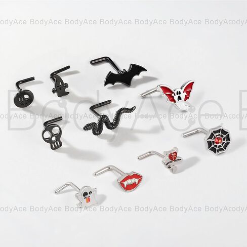 bodyace 20g أنف حلقات الهالوين أنف الأزرار الأسود أنف أنف الفولاذ المقاوم للصدأ حلقة الأنف ل على شكل أنف ثقيلة الخفافيش جماجم القرع مجوهرات الهالوين in Saudi Arabia