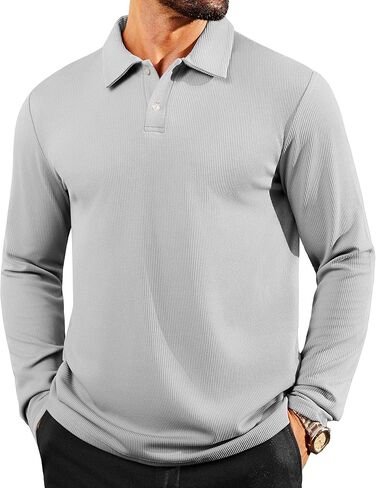 Mens Casual Polo Shirts Long Sleeve Striped Textured Slim Fit Lightweight Soft Classic Collared Golf Shirts in Kuwait