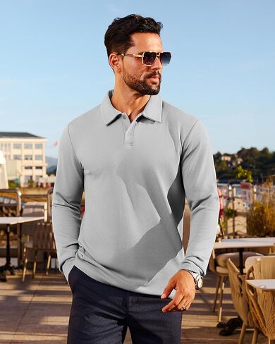 Mens Casual Polo Shirts Long Sleeve Striped Textured Slim Fit Lightweight Soft Classic Collared Golf Shirts in Kuwait