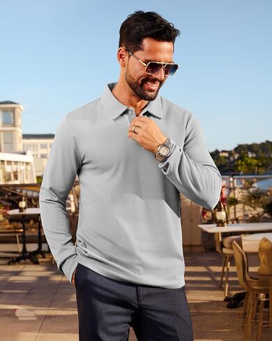 Mens Casual Polo Shirts Long Sleeve Striped Textured Slim Fit Lightweight Soft Classic Collared Golf Shirts in Kuwait