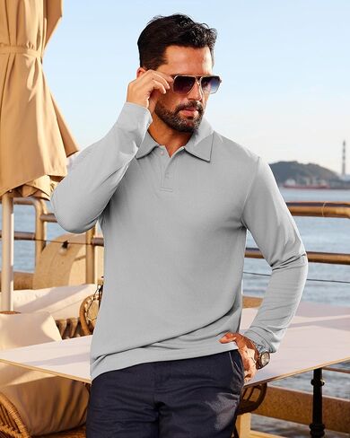 Mens Casual Polo Shirts Long Sleeve Striped Textured Slim Fit Lightweight Soft Classic Collared Golf Shirts in Kuwait