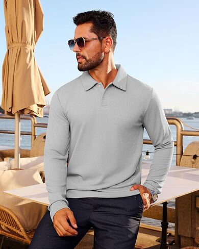 Mens Casual Polo Shirts Long Sleeve Striped Textured Slim Fit Lightweight Soft Classic Collared Golf Shirts in Kuwait