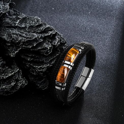 Tiger Eye Black Leather Bracelet عتيقة مجوهرات أحجار أحجار خودي in Kuwait