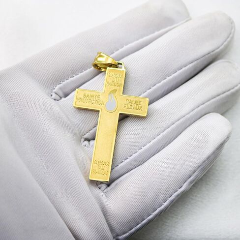 18k Gold plated Catholic Marie Julie Jahenny of Benediction with Protection Cross of Forgiveness with White Enamel Flame,Holy Cross of Pardon , Stainless Steel Crucifix End Times Pendant,cruz del perdón,cruz del perdón en acero inoxidable in Saudi Arabia