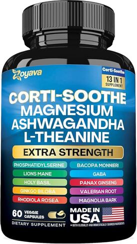 Corti-soothe cortisol ملحق المغنيسيوم glycinate 200mg l-theanine 150mg Ashwagandha 150mg phosphatidylserine cortisol Manager Lions Mane Ginkgo Biloba Bacopa Monnieri Valerian Root 60 Caps in Kuwait