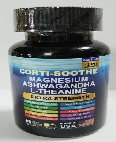 Corti-soothe cortisol ملحق المغنيسيوم glycinate 200mg l-theanine 150mg Ashwagandha 150mg phosphatidylserine cortisol Manager Lions Mane Ginkgo Biloba Bacopa Monnieri Valerian Root 60 Caps in Kuwait