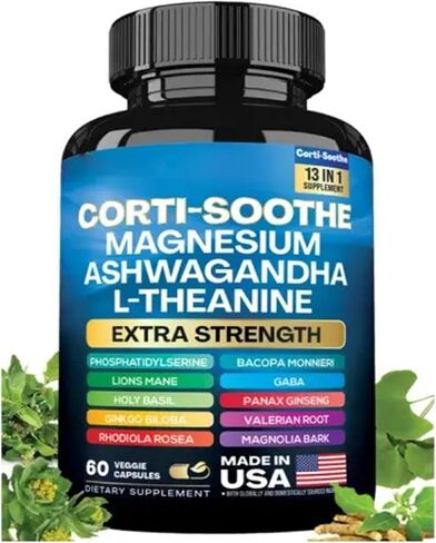 Corti-soothe cortisol ملحق المغنيسيوم glycinate 200mg l-theanine 150mg Ashwagandha 150mg phosphatidylserine cortisol Manager Lions Mane Ginkgo Biloba Bacopa Monnieri Valerian Root 60 Caps in Kuwait