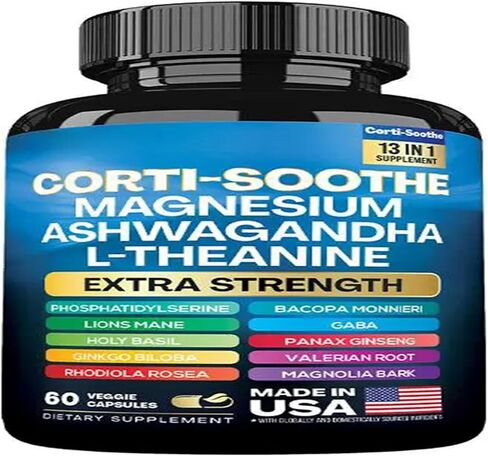 Corti-soothe cortisol ملحق المغنيسيوم glycinate 200mg l-theanine 150mg Ashwagandha 150mg phosphatidylserine cortisol Manager Lions Mane Ginkgo Biloba Bacopa Monnieri Valerian Root 60 Caps in Kuwait