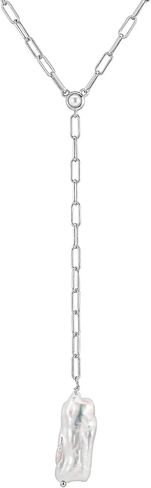 Faire de la Mode Sterling Silver Lariat Necklace with Baroque Pearl in a 3.25" Dainty Drop Pendant, 16" - 19" Tarnish Resistant Rhodium Dipped Long Necklaces for Women in Kuwait
