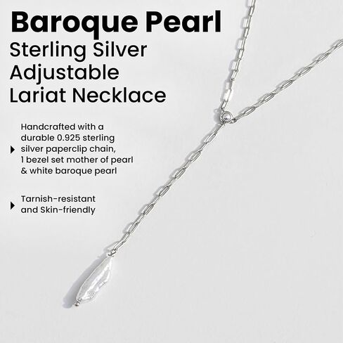 Faire de la Mode Sterling Silver Lariat Necklace with Baroque Pearl in a 3.25" Dainty Drop Pendant, 16" - 19" Tarnish Resistant Rhodium Dipped Long Necklaces for Women in Kuwait
