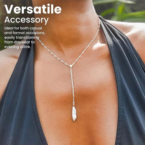 Faire de la Mode Sterling Silver Lariat Necklace with Baroque Pearl in a 3.25" Dainty Drop Pendant, 16" - 19" Tarnish Resistant Rhodium Dipped Long Necklaces for Women in Kuwait