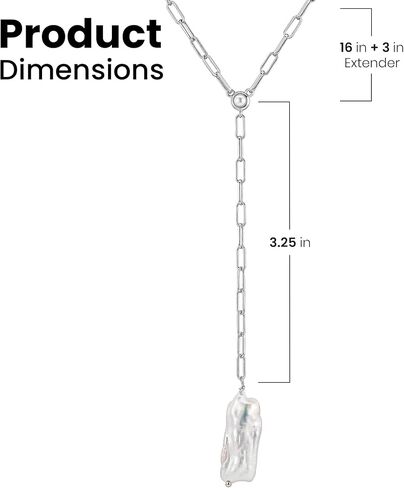 Faire de la Mode Sterling Silver Lariat Necklace with Baroque Pearl in a 3.25" Dainty Drop Pendant, 16" - 19" Tarnish Resistant Rhodium Dipped Long Necklaces for Women in Kuwait