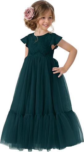 2Bunnies Girl Orchid Lace Flutter Sleeve A-Line Swirly Ruffle Tulle Communion Rustic Boho Flower Girl Dress in Kuwait