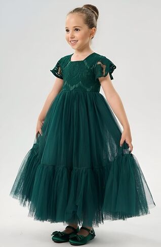 2Bunnies Girl Orchid Lace Flutter Sleeve A-Line Swirly Ruffle Tulle Communion Rustic Boho Flower Girl Dress in Kuwait