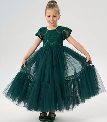 2Bunnies Girl Orchid Lace Flutter Sleeve A-Line Swirly Ruffle Tulle Communion Rustic Boho Flower Girl Dress in Kuwait