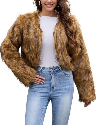 Arssm Womens Faux Fur Coat Furry Cropped Jacket Long Sleeve Open Front Parka Crop Fur Coats Shaggy Winter Outerwear in Saudi Arabia