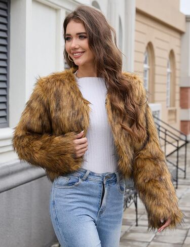 Arssm Womens Faux Fur Coat Furry Cropped Jacket Long Sleeve Open Front Parka Crop Fur Coats Shaggy Winter Outerwear in Saudi Arabia