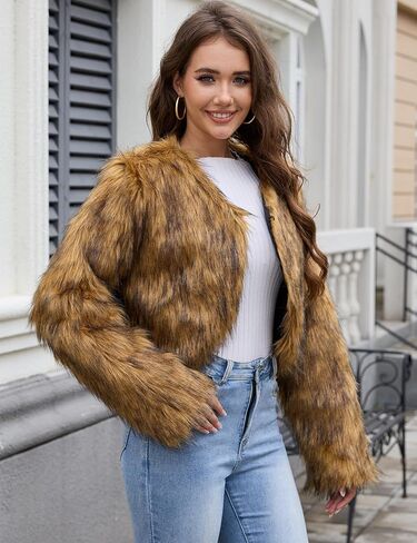 Arssm Womens Faux Fur Coat Furry Cropped Jacket Long Sleeve Open Front Parka Crop Fur Coats Shaggy Winter Outerwear in Saudi Arabia