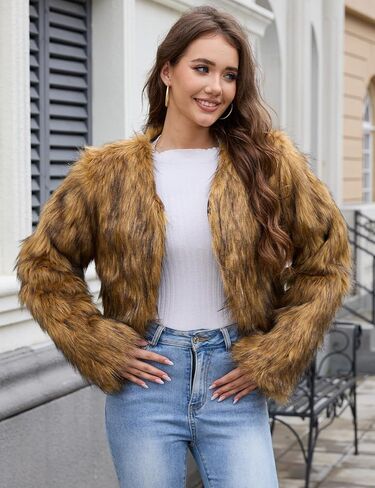 Arssm Womens Faux Fur Coat Furry Cropped Jacket Long Sleeve Open Front Parka Crop Fur Coats Shaggy Winter Outerwear in Saudi Arabia