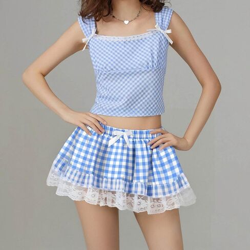 Women's Short Gingham Skirt Lace Trim Flowy Mini Plaid Skirt Summer Fall Casual Clothes Y2k Trendy Streetwear in Saudi Arabia