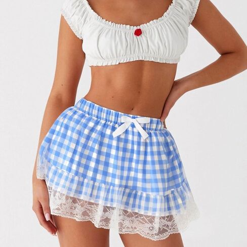 Women's Short Gingham Skirt Lace Trim Flowy Mini Plaid Skirt Summer Fall Casual Clothes Y2k Trendy Streetwear in Saudi Arabia