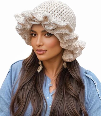Women Crochet Bucket Hat Cute Winter Ruffled Brim Floppy Cap Handmade Knit Cloche Hats in Saudi Arabia