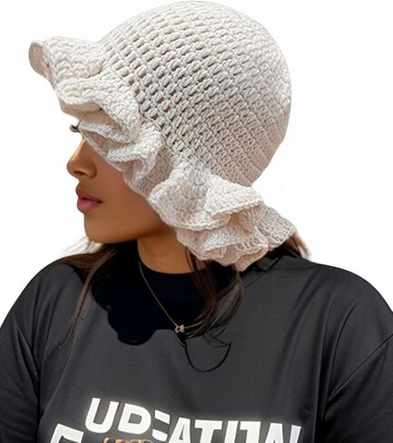 Women Crochet Bucket Hat Cute Winter Ruffled Brim Floppy Cap Handmade Knit Cloche Hats in Saudi Arabia