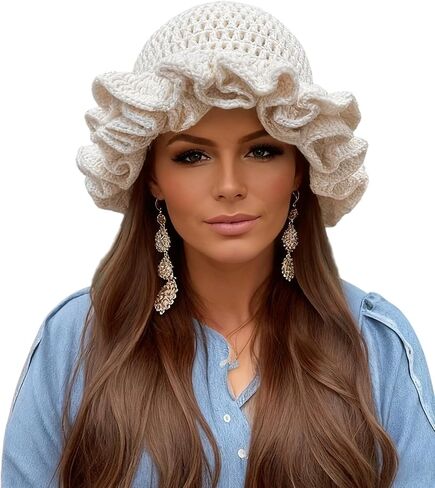 Women Crochet Bucket Hat Cute Winter Ruffled Brim Floppy Cap Handmade Knit Cloche Hats in Saudi Arabia