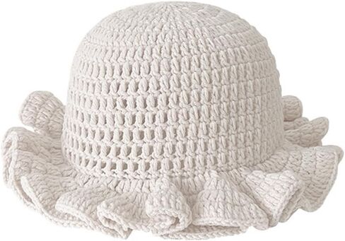 Women Crochet Bucket Hat Cute Winter Ruffled Brim Floppy Cap Handmade Knit Cloche Hats in Saudi Arabia