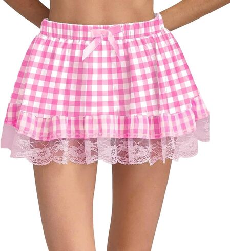 Women's Short Gingham Skirt Lace Trim Flowy Mini Plaid Skirt Summer Fall Casual Clothes Y2k Trendy Streetwear in Saudi Arabia