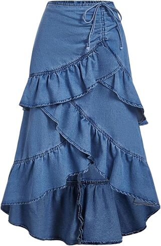 Verdusa Women's Y2k Tiered Layered Ruffle Jean Skirt Asymmetrical Summer Flowy Midi Denim Skirts in Saudi Arabia