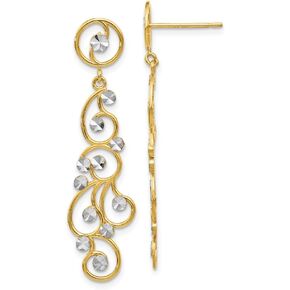 Solid 14k Yellow & White Two Tone Gold Filigree Dangle Earrings (41mm x 10mm) in Kuwait