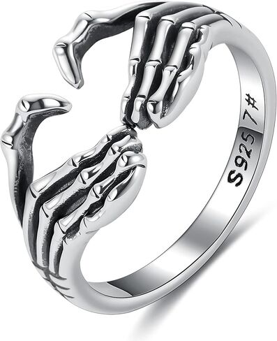 LOVECOM 925 Sterling Silver Hand Ring Always with You Lovely Heart Open Rings for Women Men Punk Gothic Cute Skeleton Adjustable Couple Ring Retro Hip Hop Wedding Bands Jewelry Gifts in Kuwait