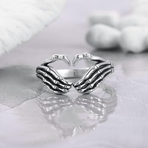 LOVECOM 925 Sterling Silver Hand Ring Always with You Lovely Heart Open Rings for Women Men Punk Gothic Cute Skeleton Adjustable Couple Ring Retro Hip Hop Wedding Bands Jewelry Gifts in Kuwait