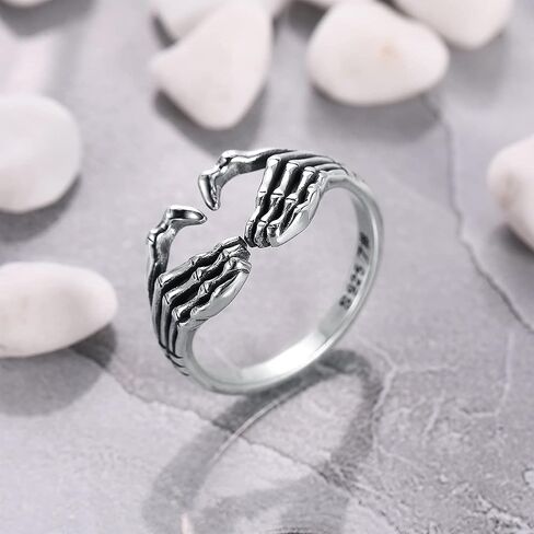 LOVECOM 925 Sterling Silver Hand Ring Always with You Lovely Heart Open Rings for Women Men Punk Gothic Cute Skeleton Adjustable Couple Ring Retro Hip Hop Wedding Bands Jewelry Gifts in Kuwait