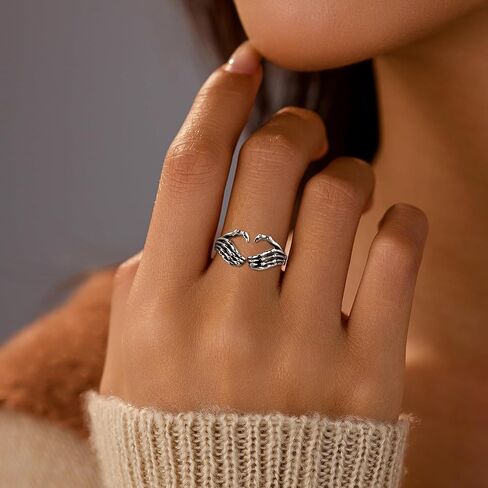 LOVECOM 925 Sterling Silver Hand Ring Always with You Lovely Heart Open Rings for Women Men Punk Gothic Cute Skeleton Adjustable Couple Ring Retro Hip Hop Wedding Bands Jewelry Gifts in Kuwait