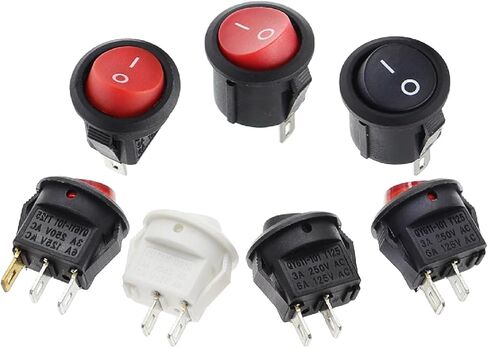 Round Rocker Switch, 15mm, On/Off, 2-Pin, 3A/250V AC DC, 10-Pack, Black and Red (2Pin ON-Off Black) in Saudi Arabia