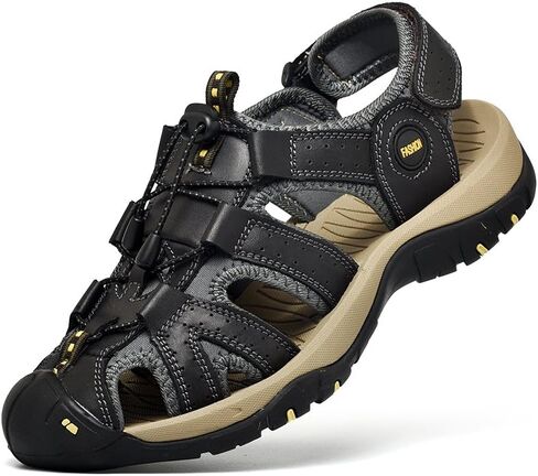 Men's Leather Hiking Sandals,Closed Toe Adjustable Strap, Outdoor Hiking Water Shoes, Black Gray Brown, Closed Toe Athletic Beach Sandals with Adjustable Straps in Saudi Arabia