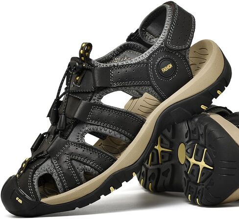 Men's Leather Hiking Sandals,Closed Toe Adjustable Strap, Outdoor Hiking Water Shoes, Black Gray Brown, Closed Toe Athletic Beach Sandals with Adjustable Straps in Saudi Arabia