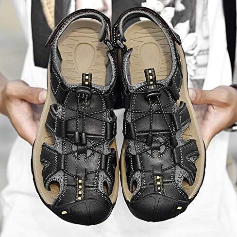 Men's Leather Hiking Sandals,Closed Toe Adjustable Strap, Outdoor Hiking Water Shoes, Black Gray Brown, Closed Toe Athletic Beach Sandals with Adjustable Straps in Saudi Arabia