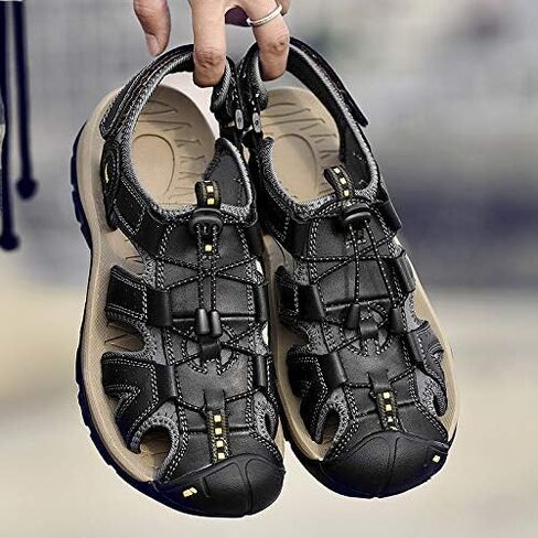 Men's Leather Hiking Sandals,Closed Toe Adjustable Strap, Outdoor Hiking Water Shoes, Black Gray Brown, Closed Toe Athletic Beach Sandals with Adjustable Straps in Saudi Arabia