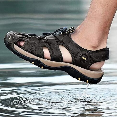 Men's Leather Hiking Sandals,Closed Toe Adjustable Strap, Outdoor Hiking Water Shoes, Black Gray Brown, Closed Toe Athletic Beach Sandals with Adjustable Straps in Saudi Arabia