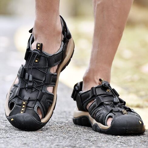 Men's Leather Hiking Sandals,Closed Toe Adjustable Strap, Outdoor Hiking Water Shoes, Black Gray Brown, Closed Toe Athletic Beach Sandals with Adjustable Straps in Saudi Arabia